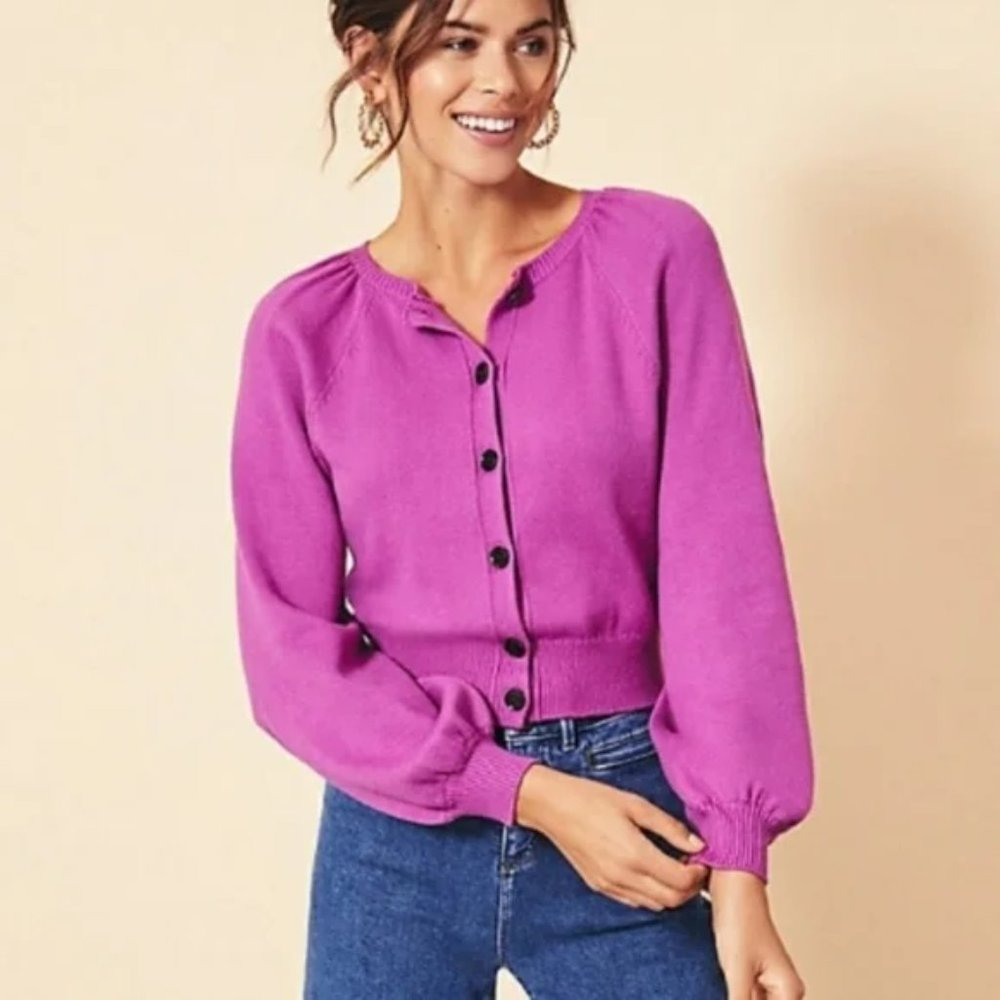 Ann Taylor Bright Magenta Button-Front Cropped Cardigan